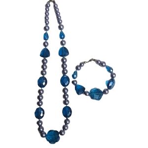 Simulated Purple Pearl and Blue Glass Bead Necklace and Bracelet Set